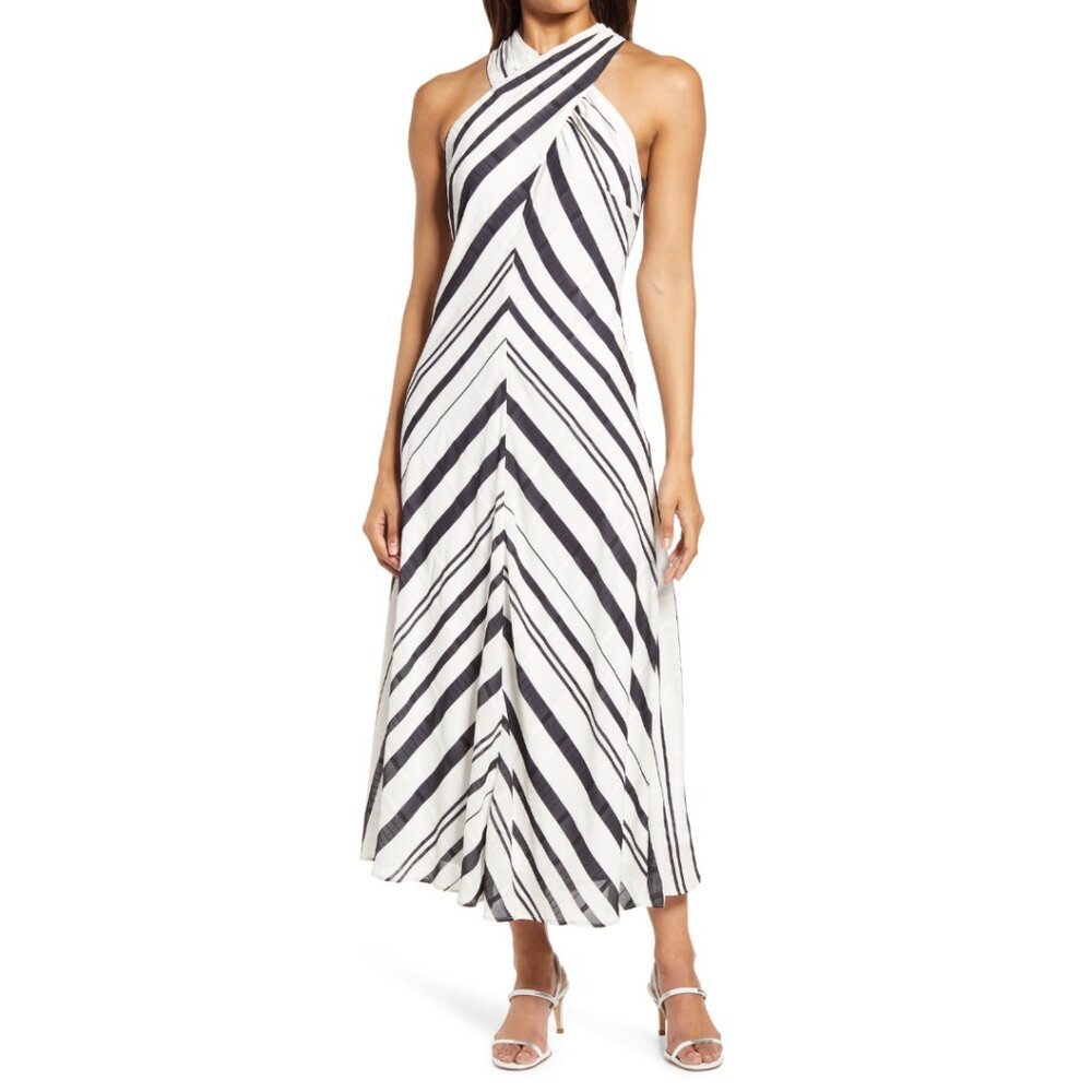 Sam Edelman Black & White Striped Cross Neck Halter Midi Dress Surplice V-Neck